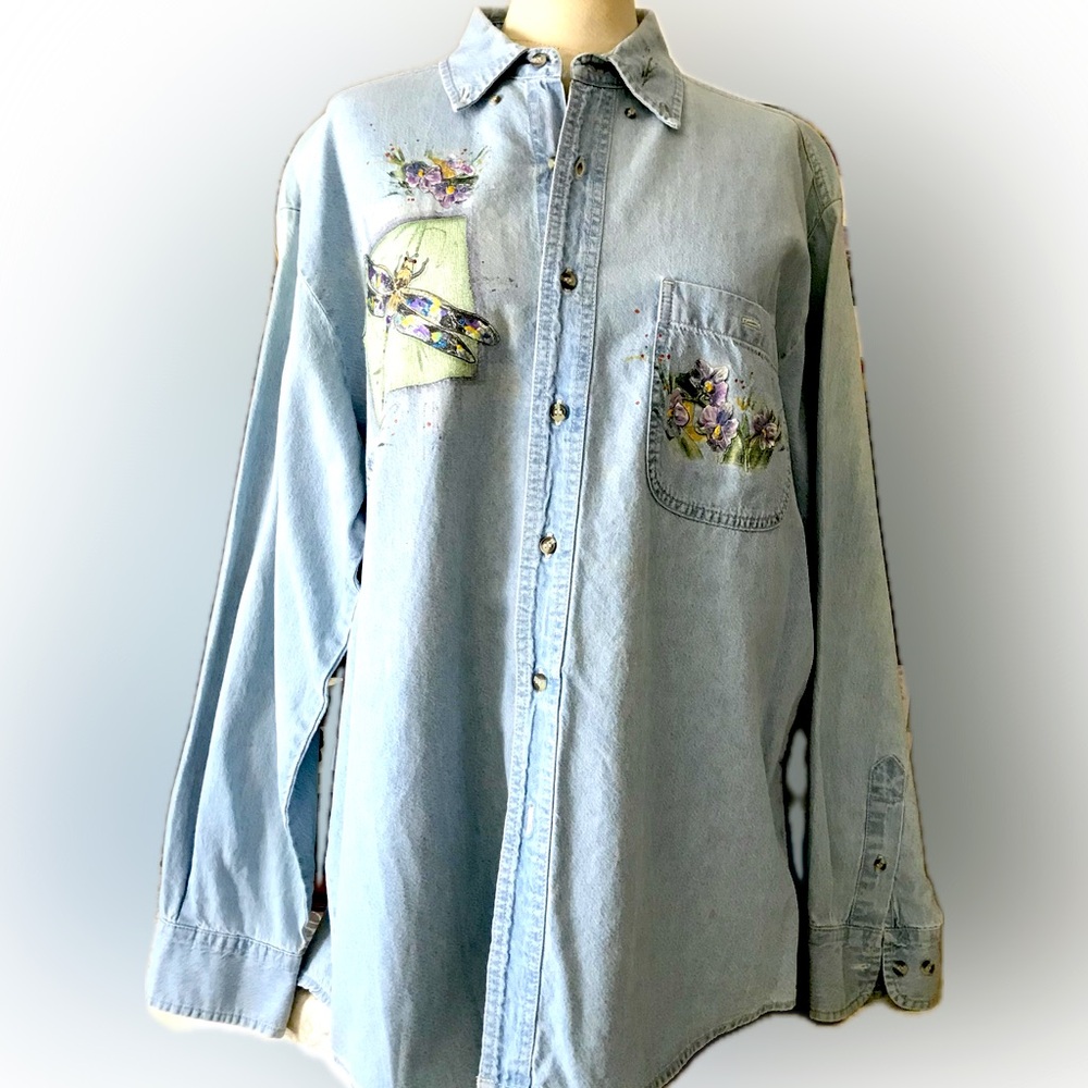 Denim Shirt Hand Painted MAJOR MARKDOWN Soft, Colorful Floral & Dragonflies L